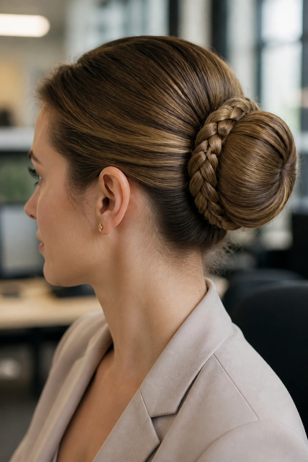 Close-up of a woman with a braided wrap bun in an office