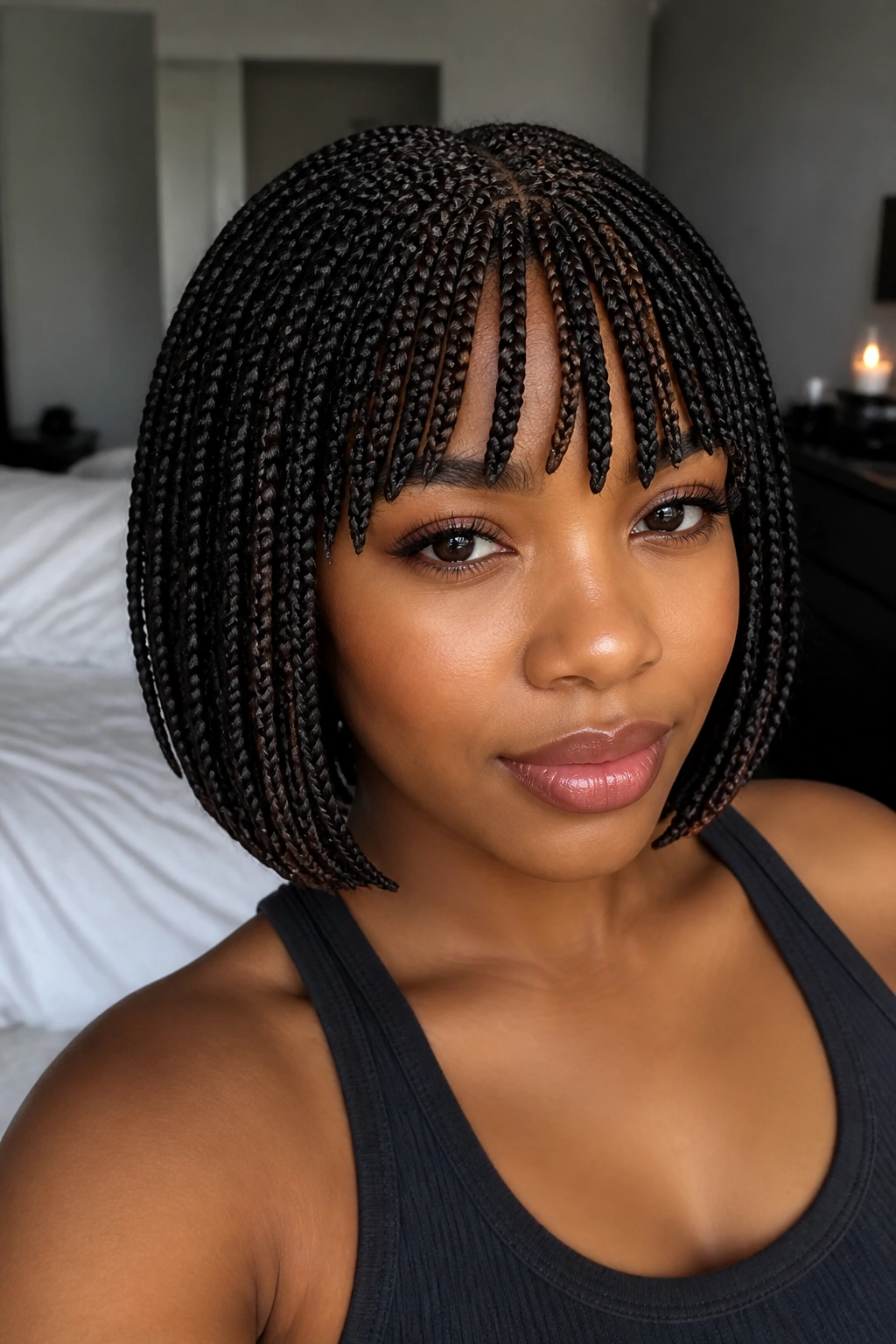 Close-up portrait of a real Black woman with braided bangs framing the face in a bob hairstyle