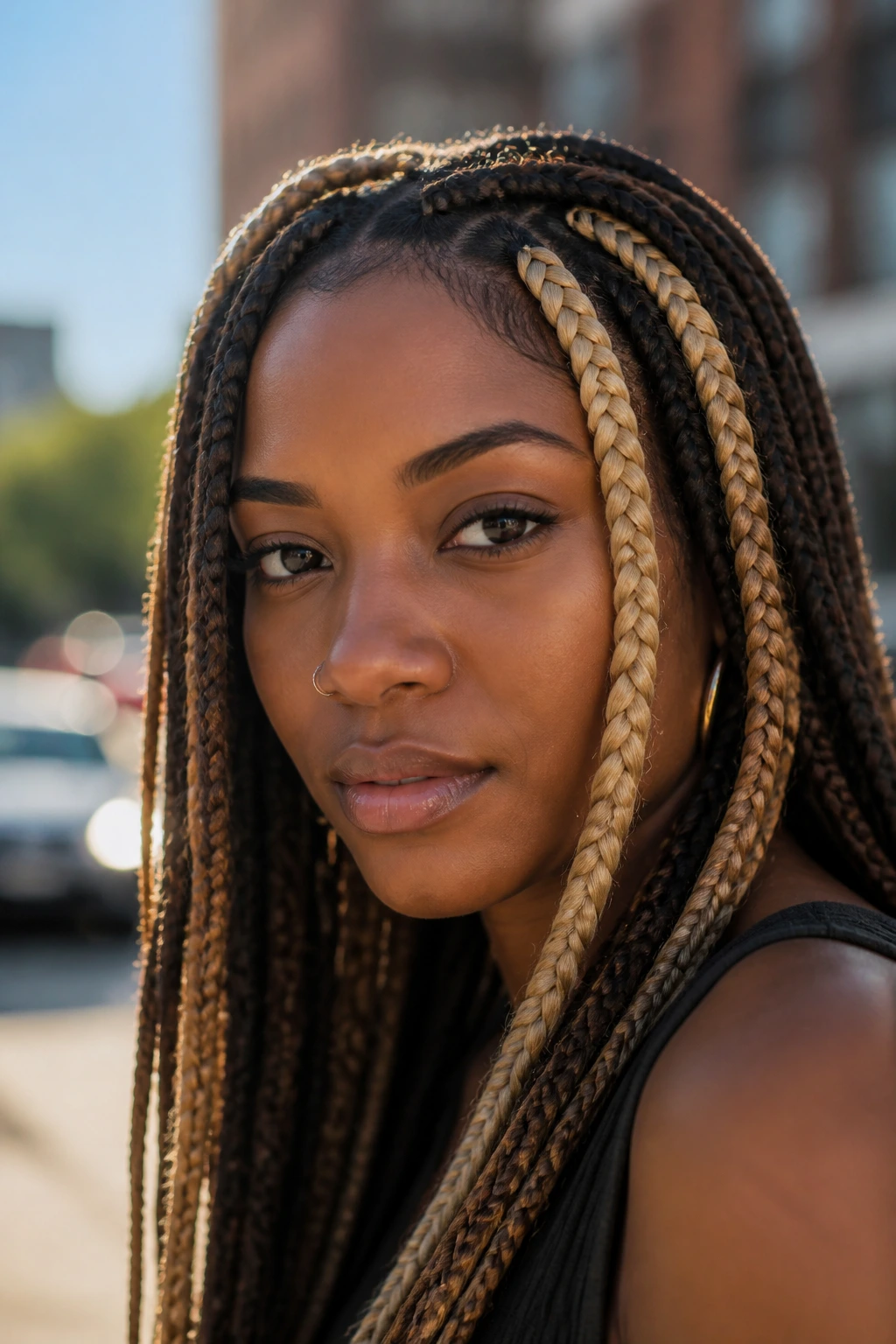 Real person with chunky highlight braids or locs close-up