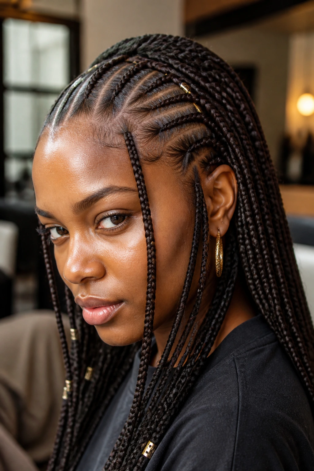 Close-up portrait of a real woman wearing Fulani-inspired feed-in braids with front cornrows and back box braids in a warm salon.