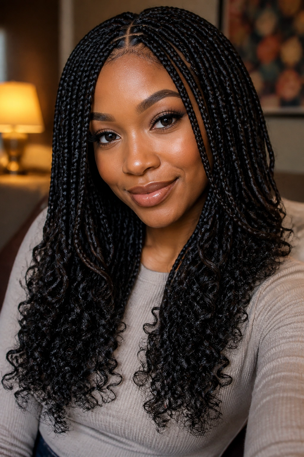 Close-up of braids with curly ends on a real person