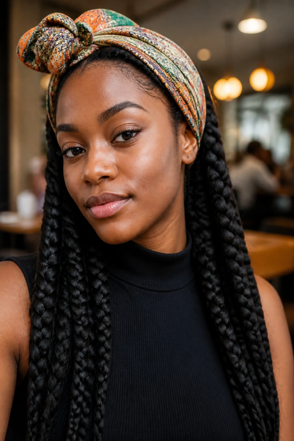 Real person with jumbo box braids wrapped with a head scarf