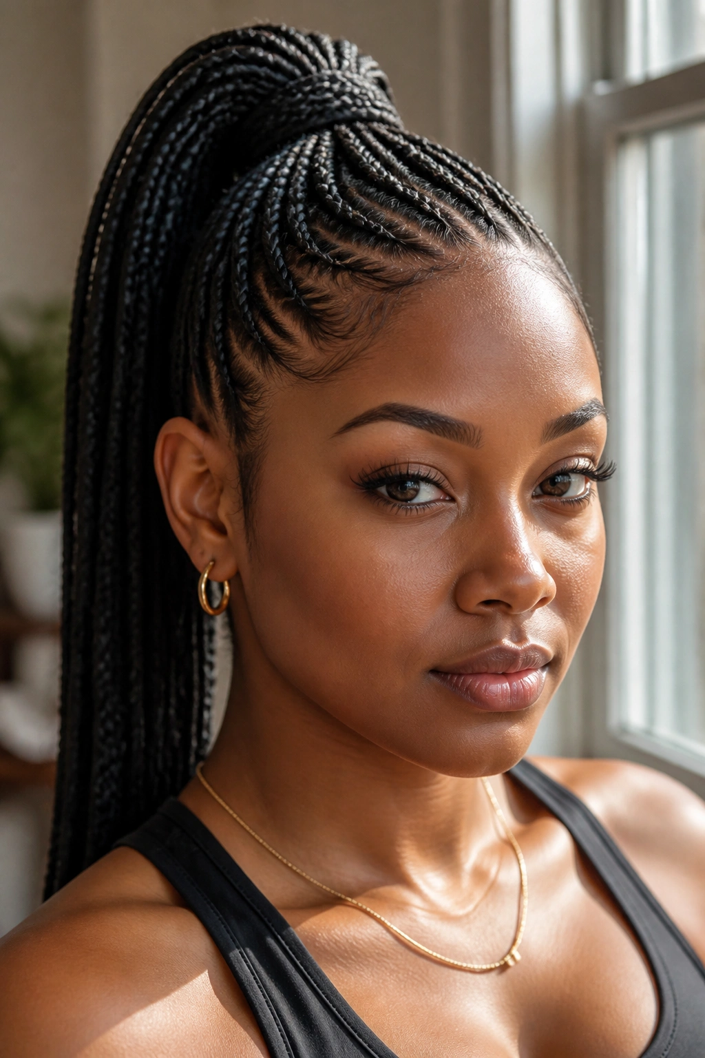 Close-up of a real woman with a high braided ponytail and small front braids in natural window light