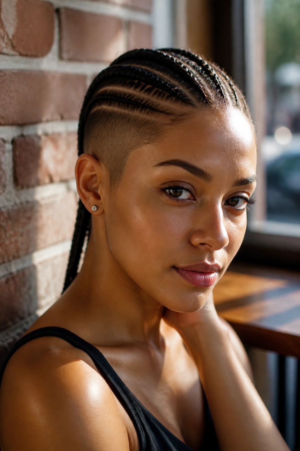 Close-up of a woman with cornrows and shaved sides in a sunlit cafe setting