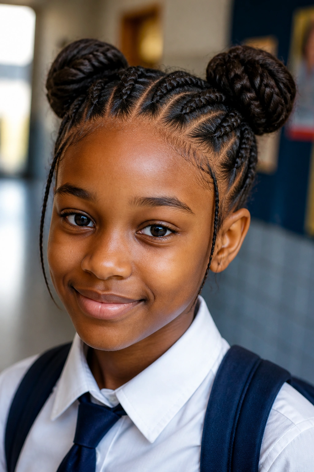 Close-up of a real girl with four braids into two space buns