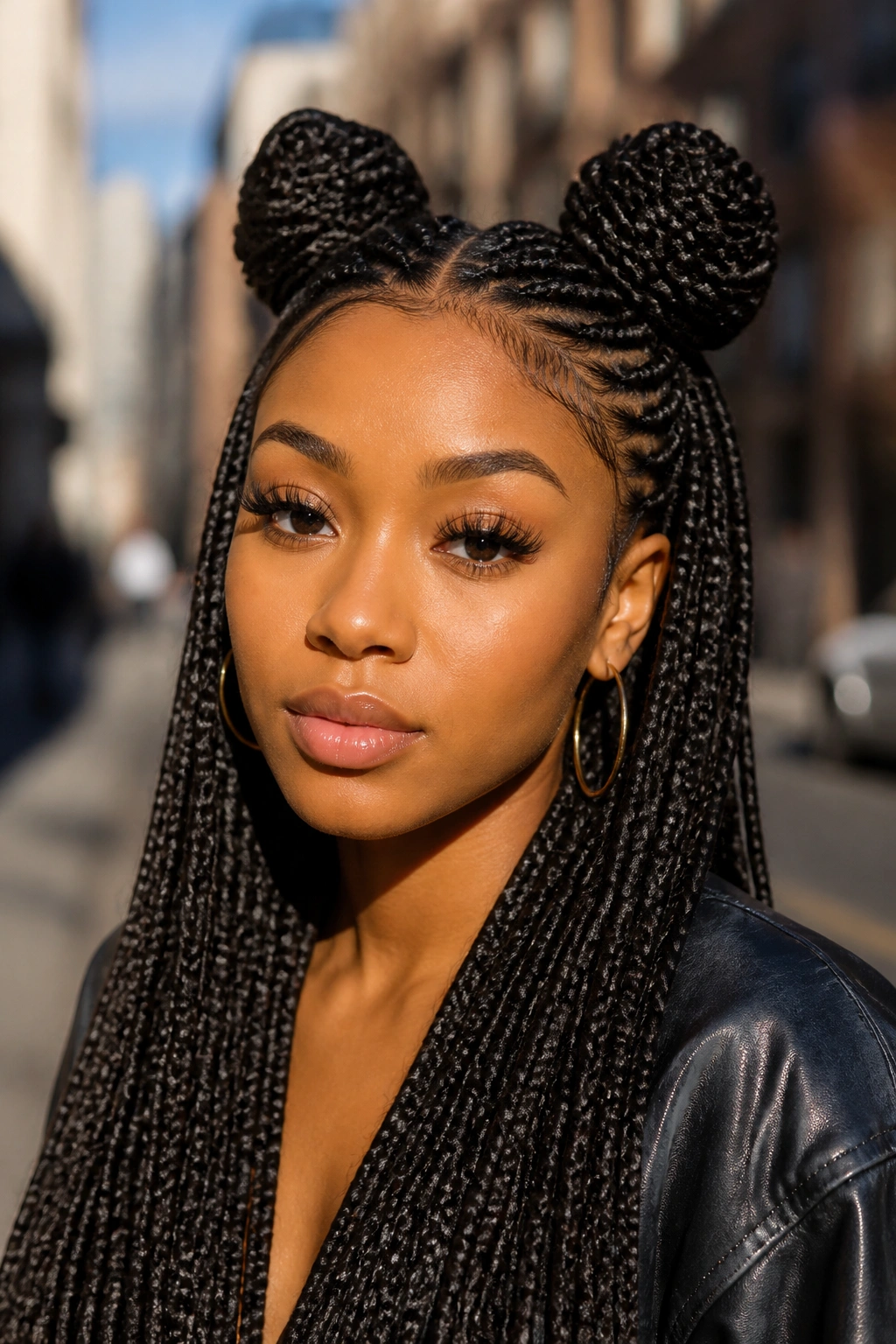 Portrait of a real woman with two space buns made from micro braids in daylight street setting