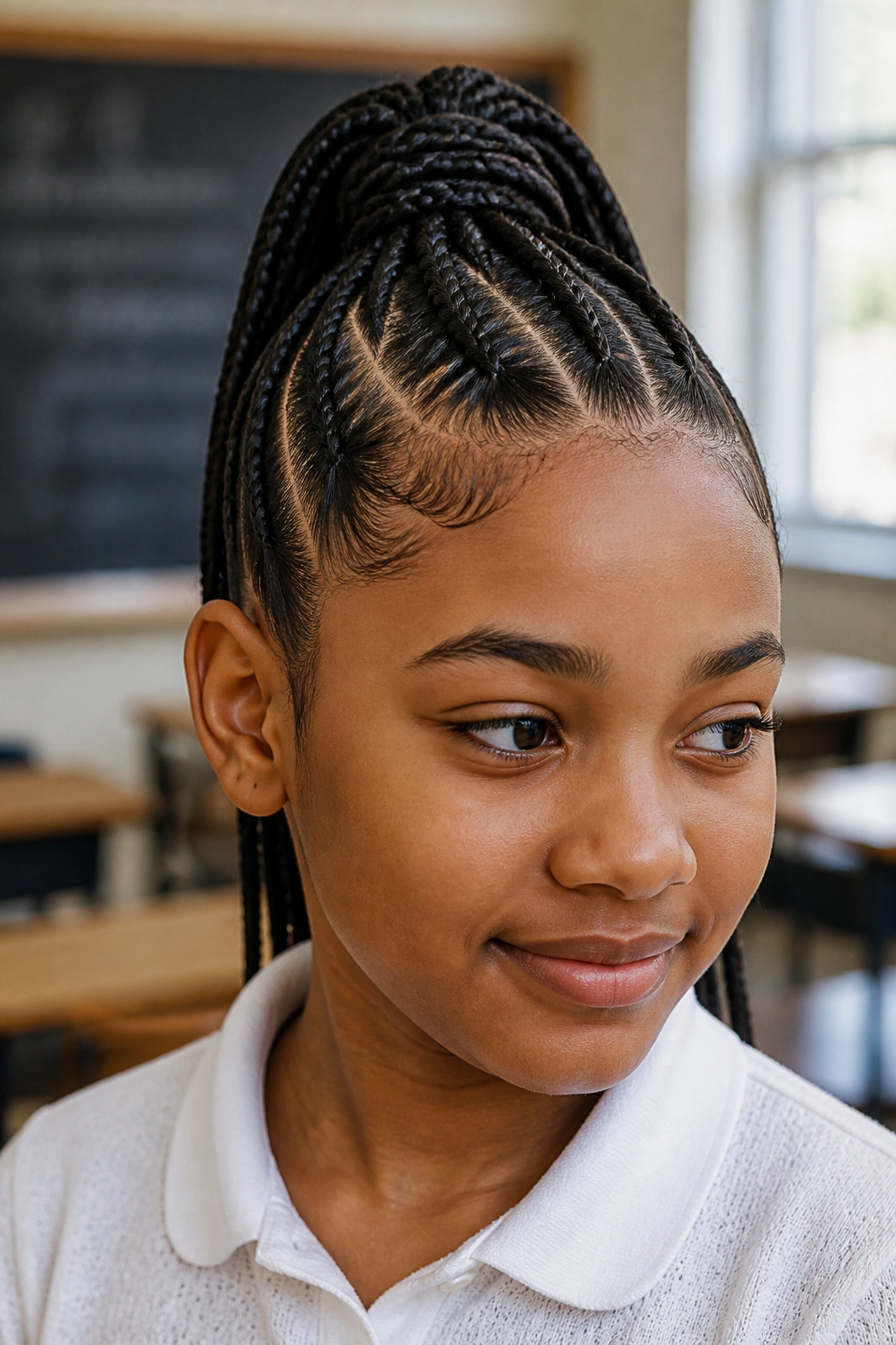 Close-up of a real girl with four stitch braids into a high ponytail in a classroom
