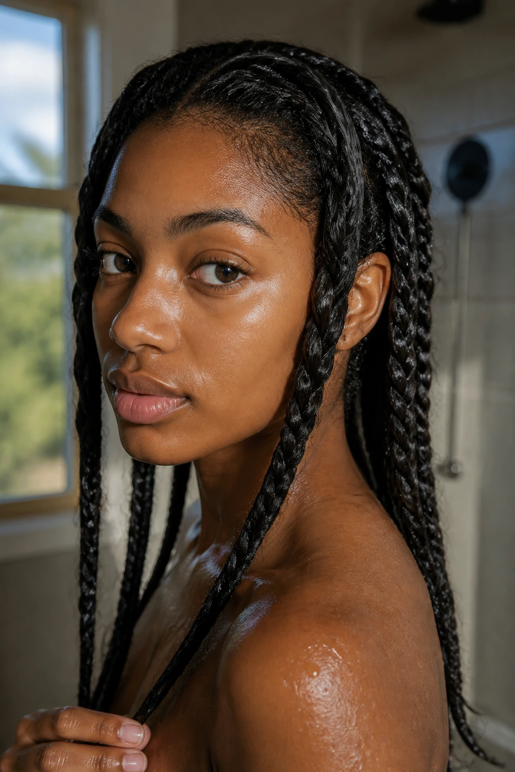 Close-up of a real woman with loose braids on wet hair, illustrating Braiding to Stretch.
