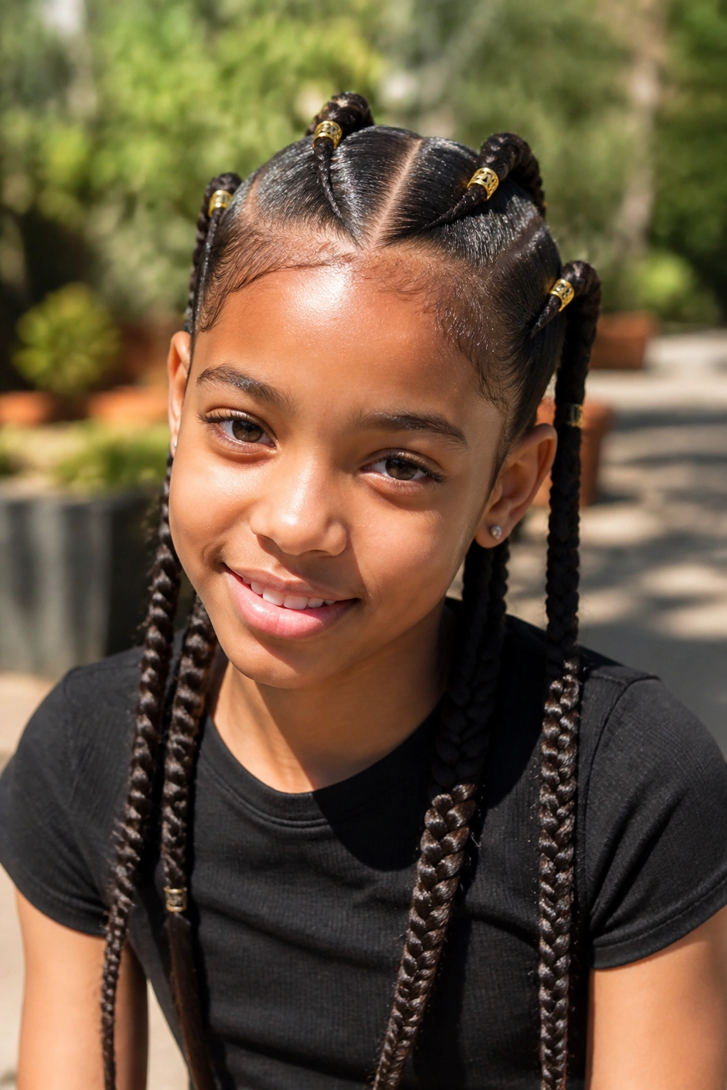 Close-up of a real girl with triangle-part braids and cuffs