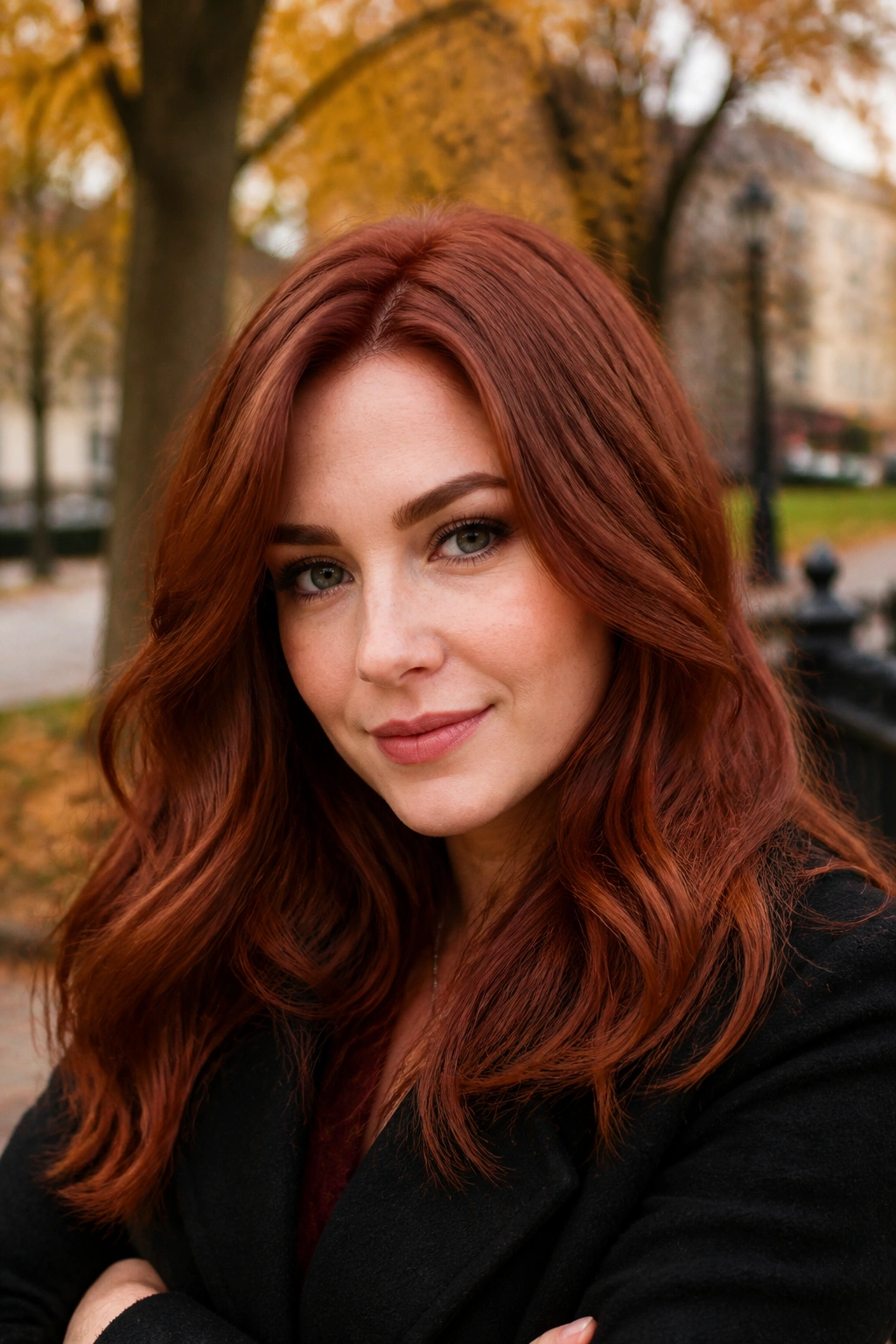 Close-up portrait of a person with brick red hair in muted clay tones