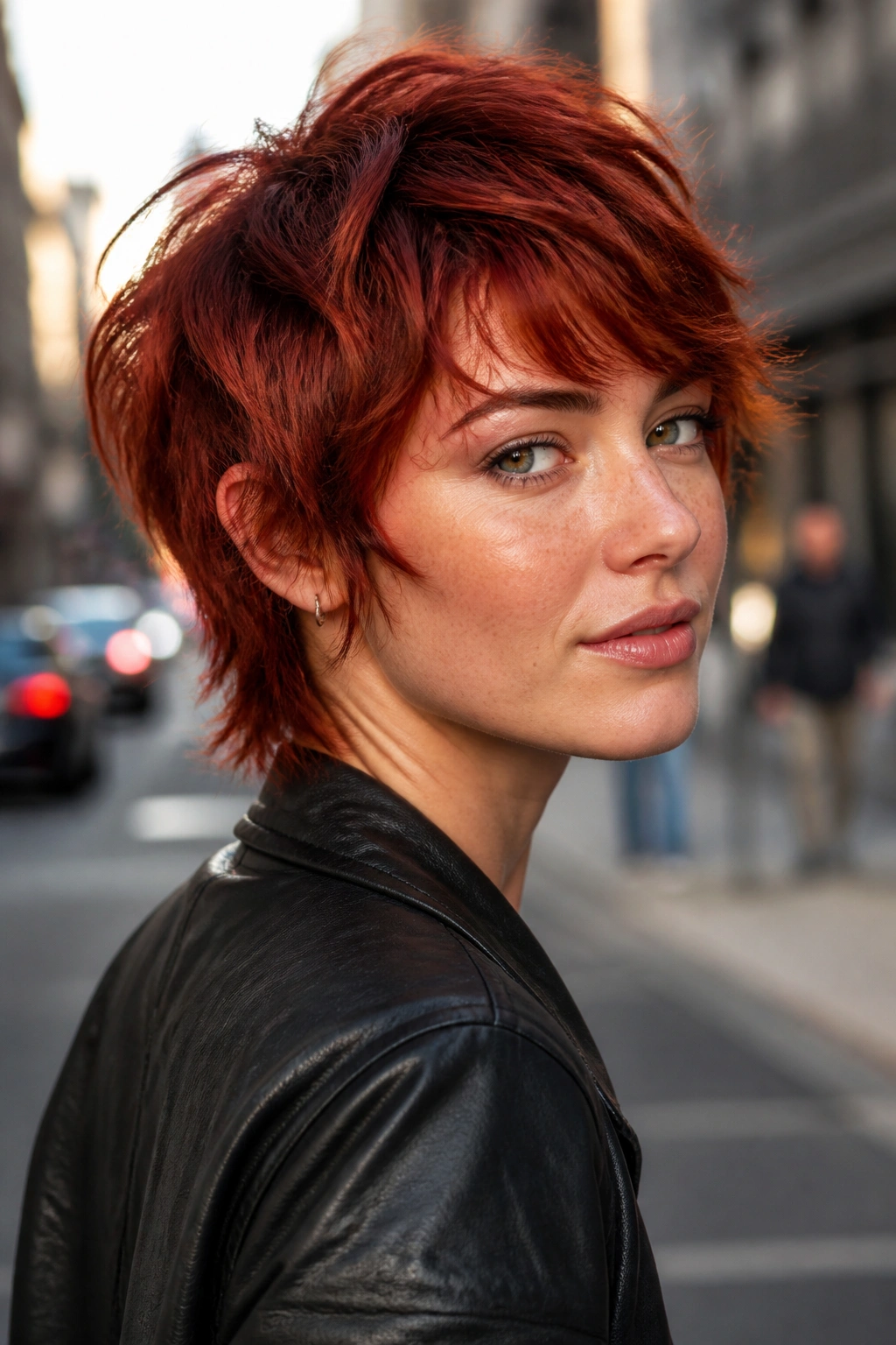 Close-up of a person with brick red shag crop, textured layers