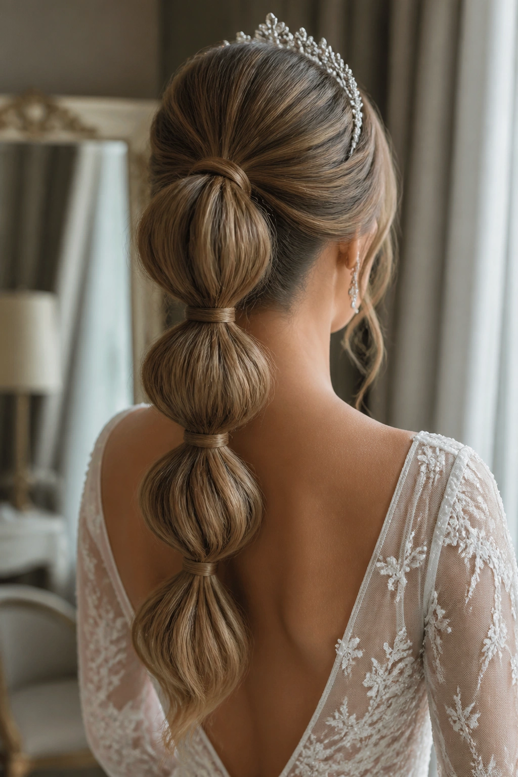 Back-of-head close-up of a real bride with a bubble ponytail and modern tiara