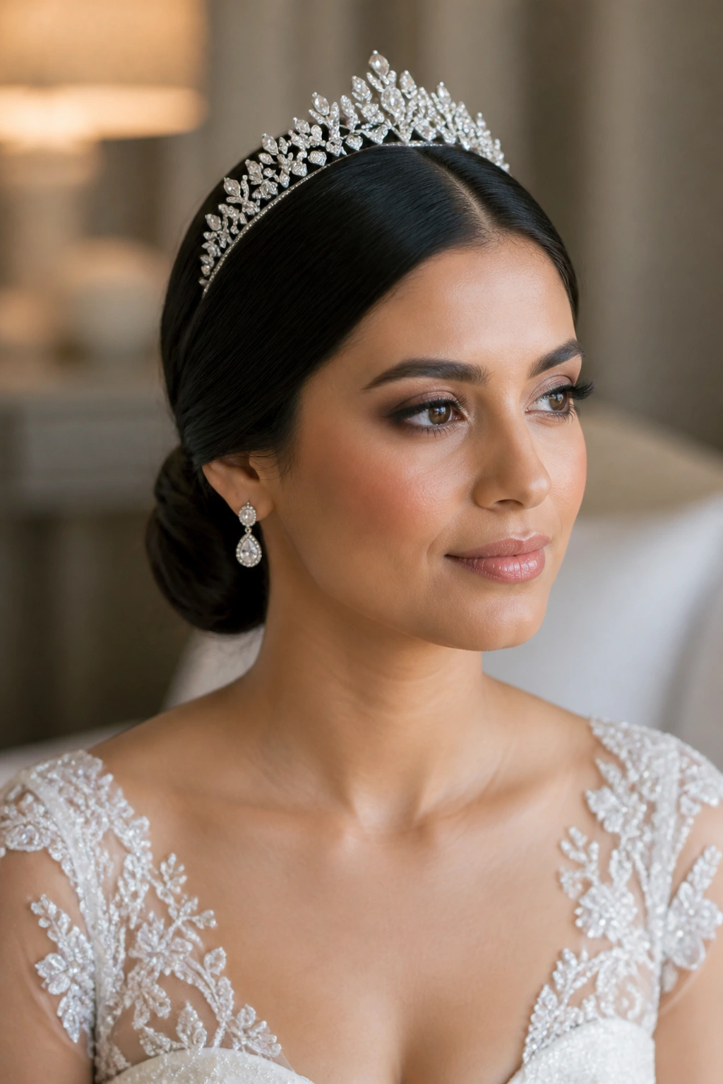 Close-up of a real bride with center-part hair and a low knot under tiara
