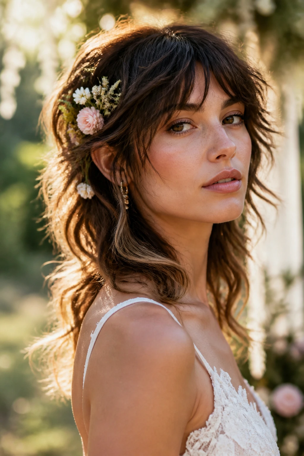 Close-up of a bride with loose waves and small flowers tucked behind the temple