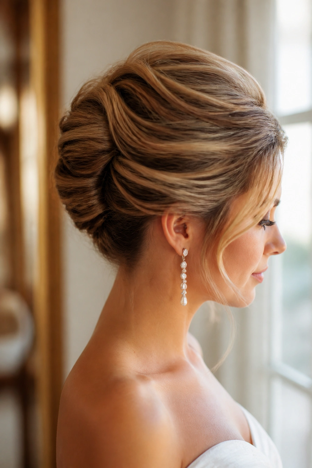Close-up of a real bride with a French Twist With Soft Volume hairstyle, crown lift and soft temple strands.