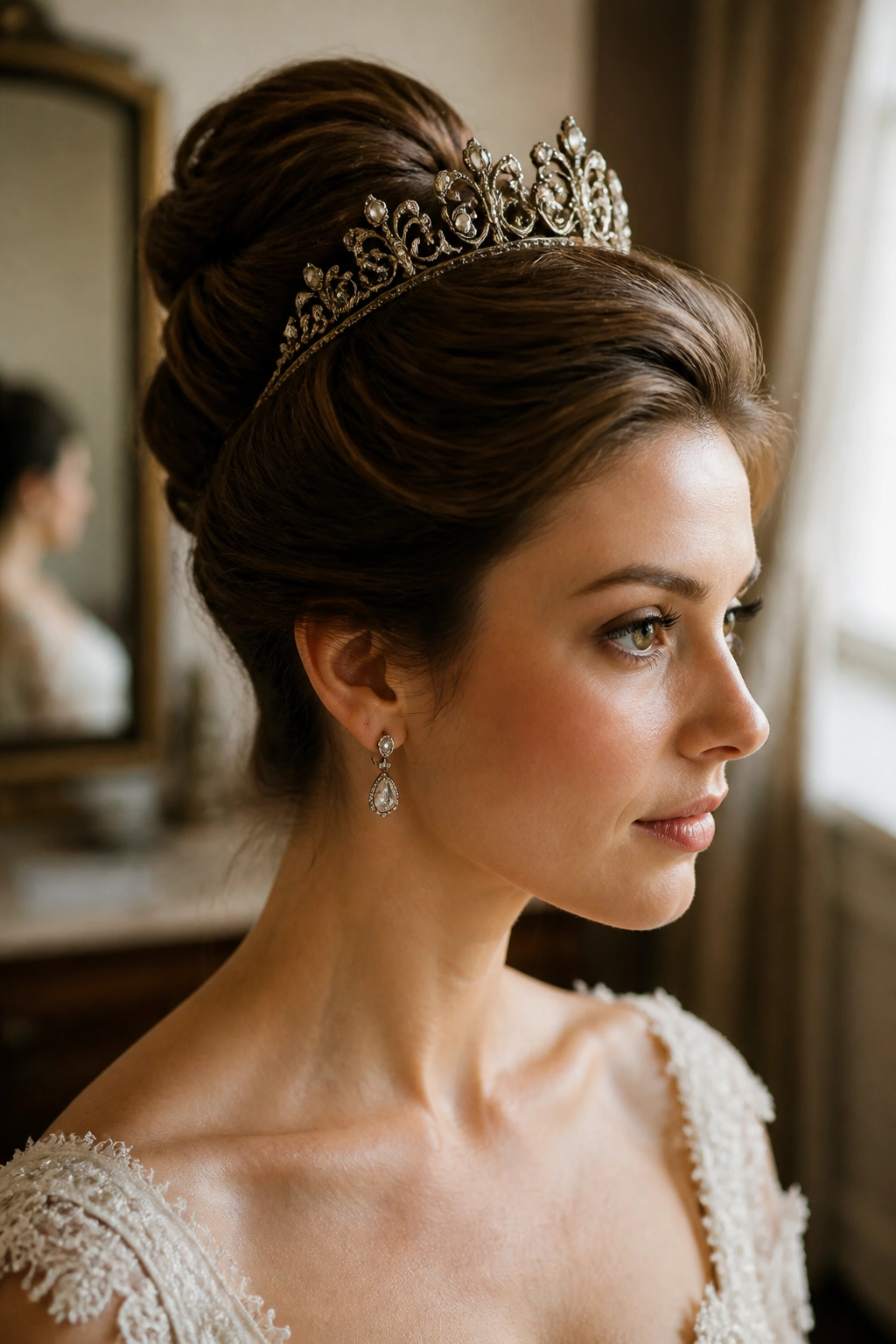 Close-up of a real bride wearing a French twist and old-world tiara
