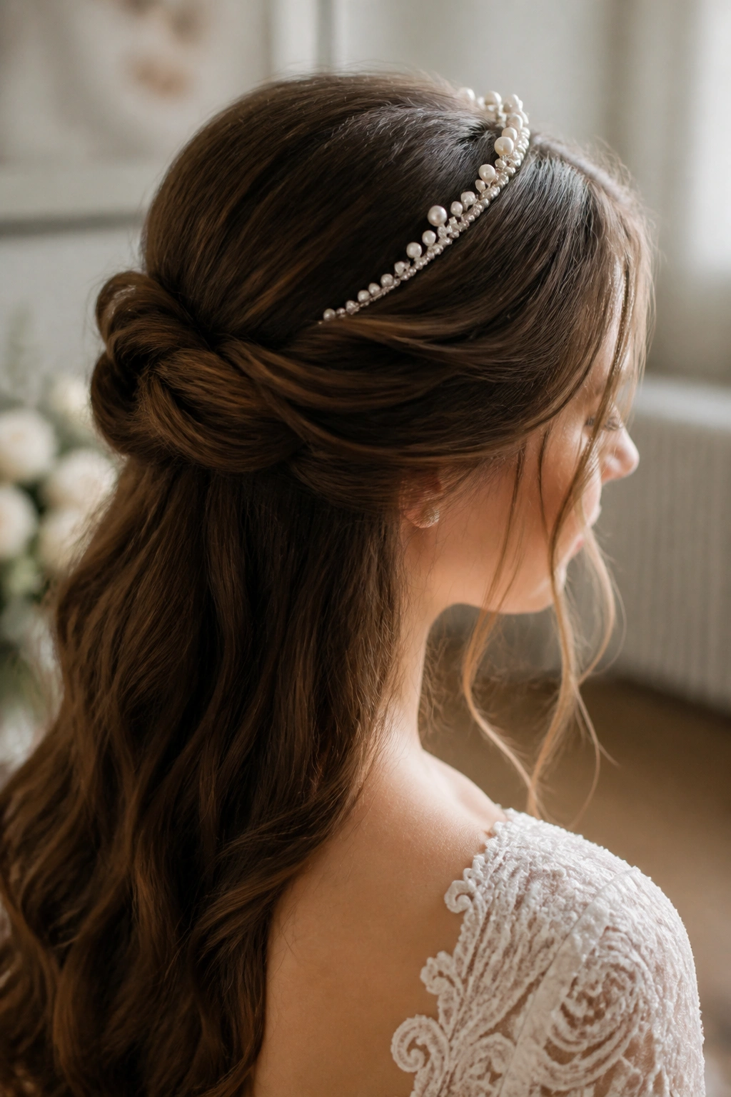 Close-up of a bride's head showing a twisted half-up knot with a pearl tiara