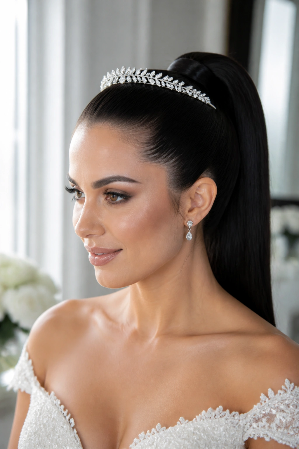 Close-up of a bride with a sleek high ponytail and slim tiara