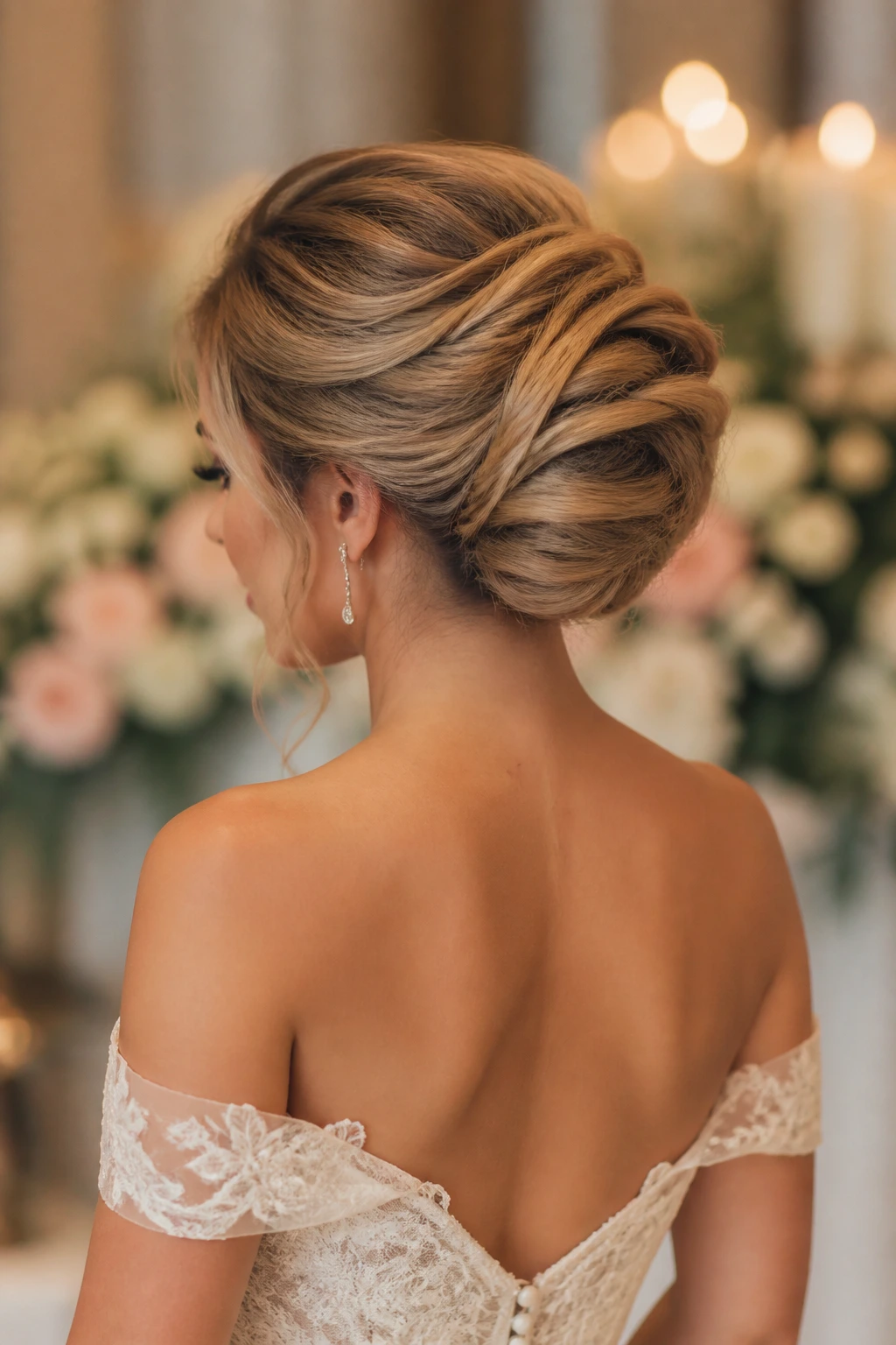 Rear three-quarter view of a bride with Bridal Shell Updo hairstyle.