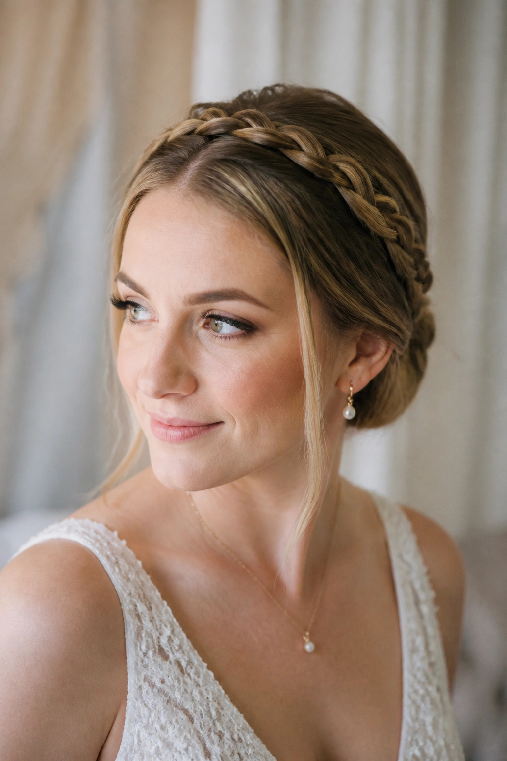 Bride wearing a slim braided crown with tucked ends in a bridal suite