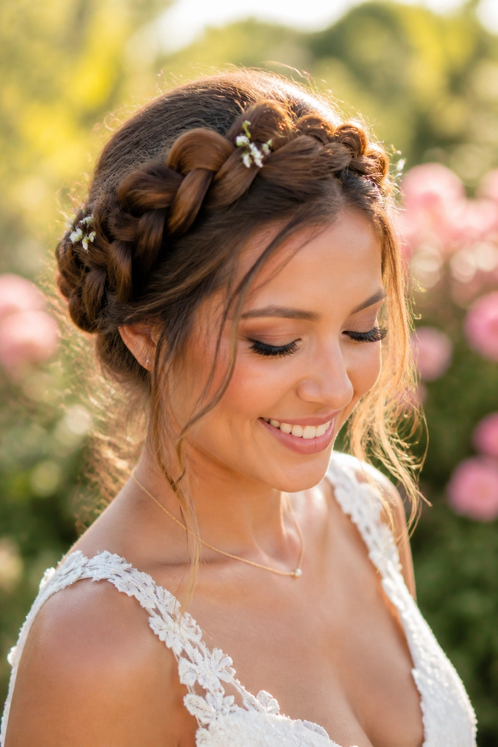 Close-up of real bride with halo braid updo and small flowers.