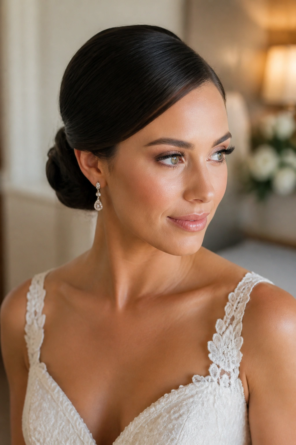 Close-up of a bride with a sleek low bun and side part in a bridal prep room