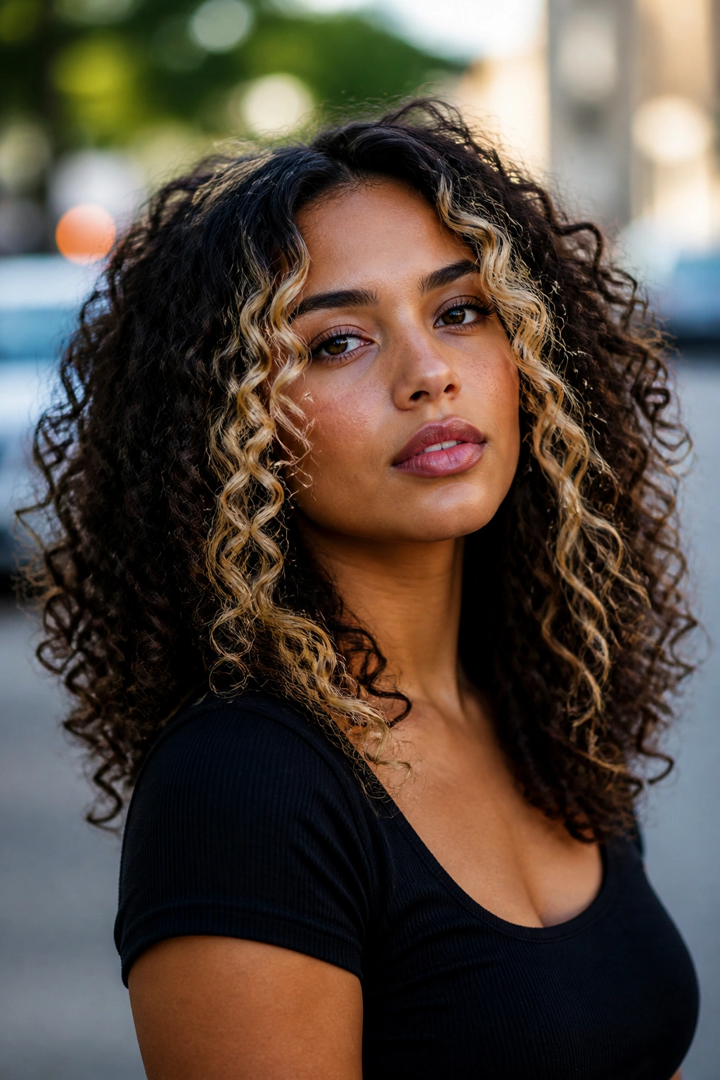 Close-up of a real woman with dark curls and bright blonde front pieces framing the face