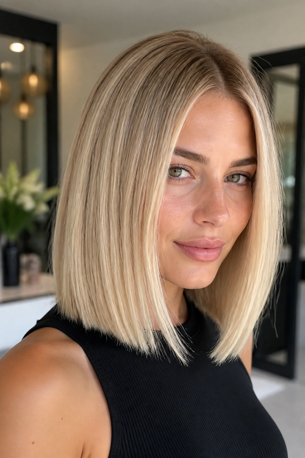 Close-up of a real woman with a bright blonde lob and polished finish in a modern bright interior