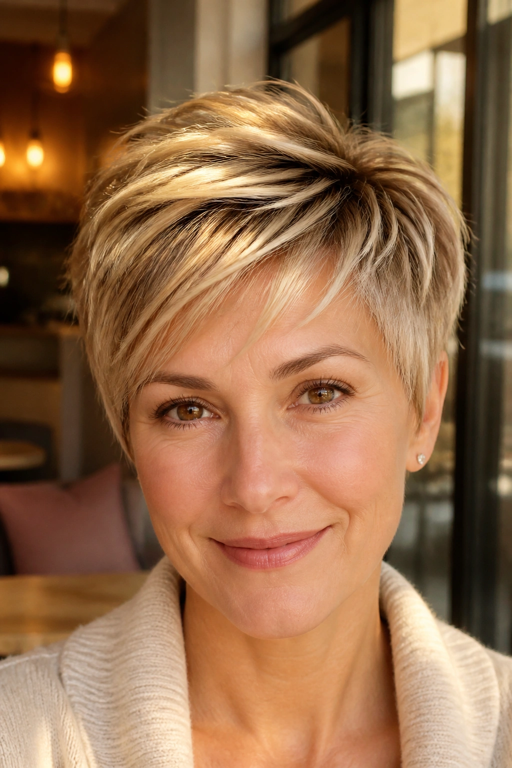 Pixie cut with bright crown accents under warm daylight