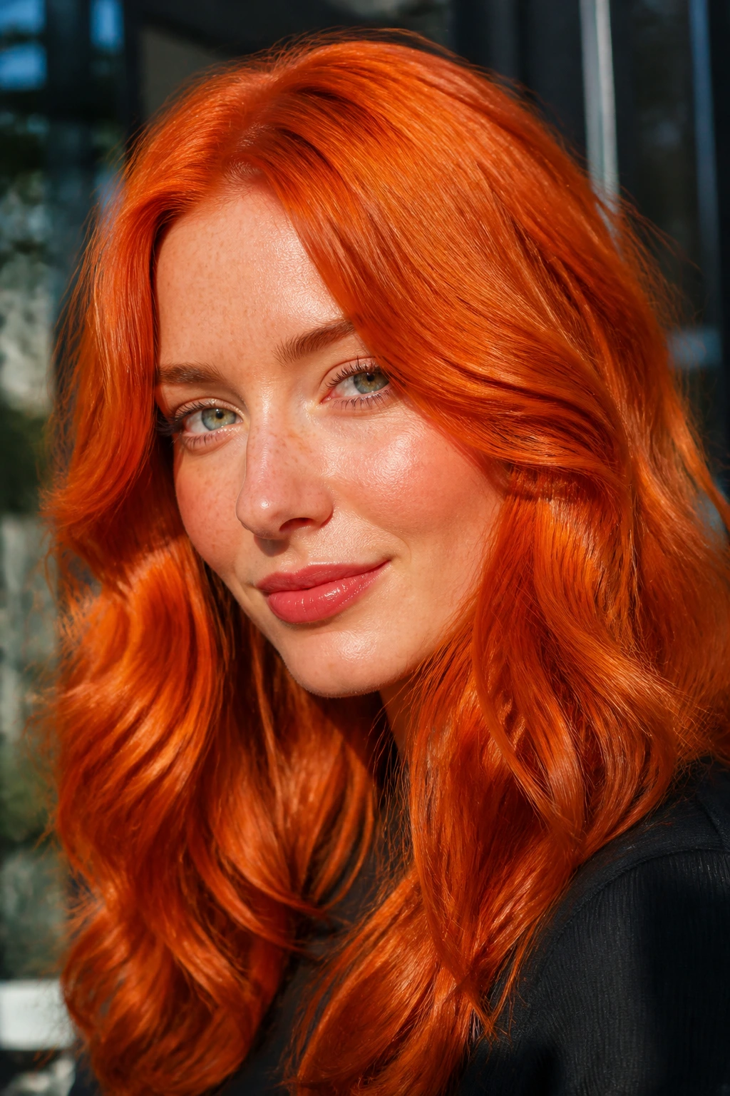 Close-up of a real person with bright tangerine copper in sunlight