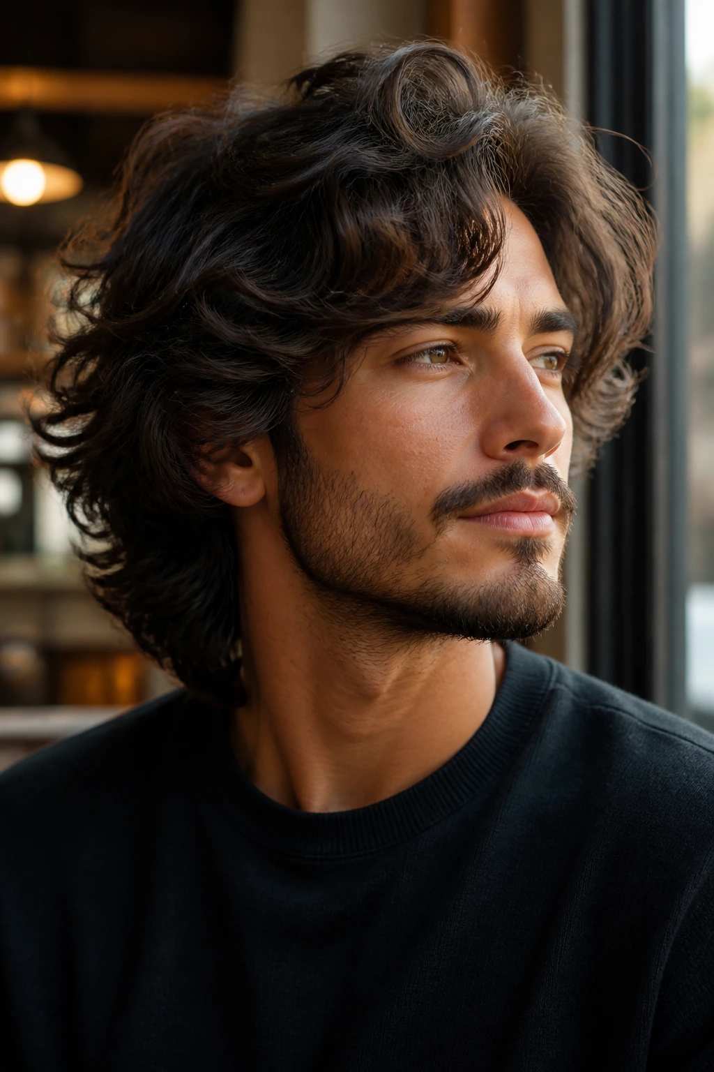 Portrait of a man with shoulder-to-ear length layered curls in a cafe setting.