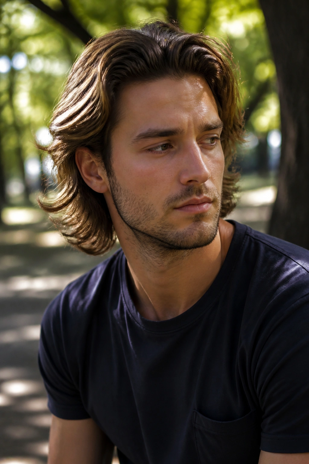 Medium close-up portrait of a man with bro flow hairstyle outdoors