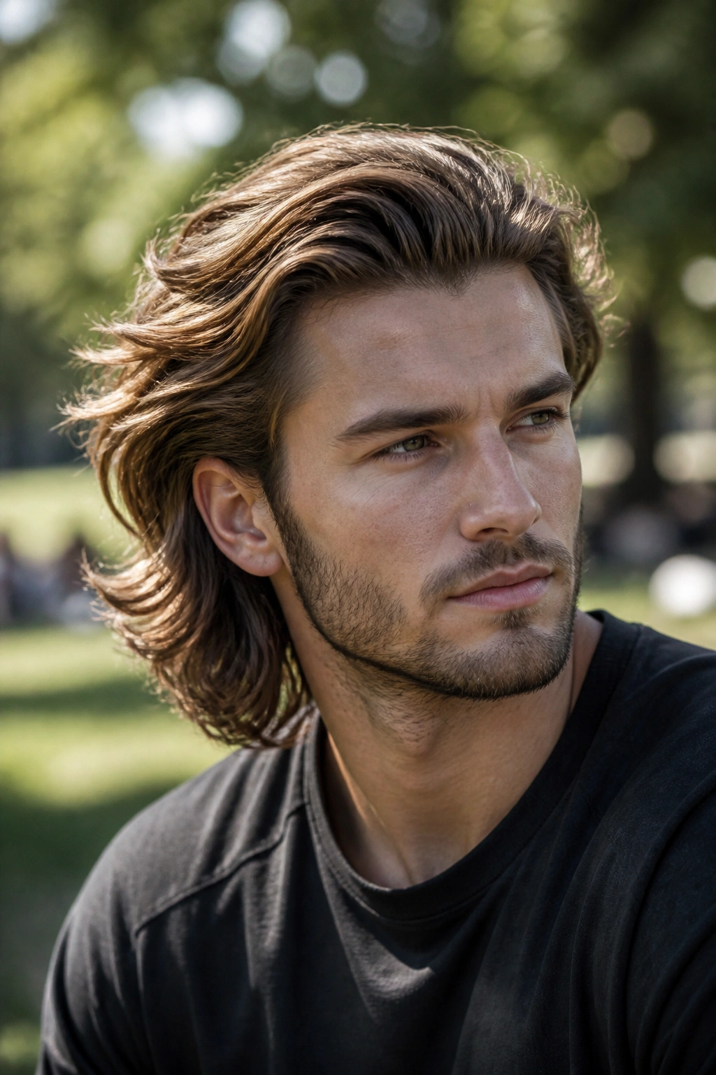 Real man with windblown back-swept hair and no part, outdoors in daylight.