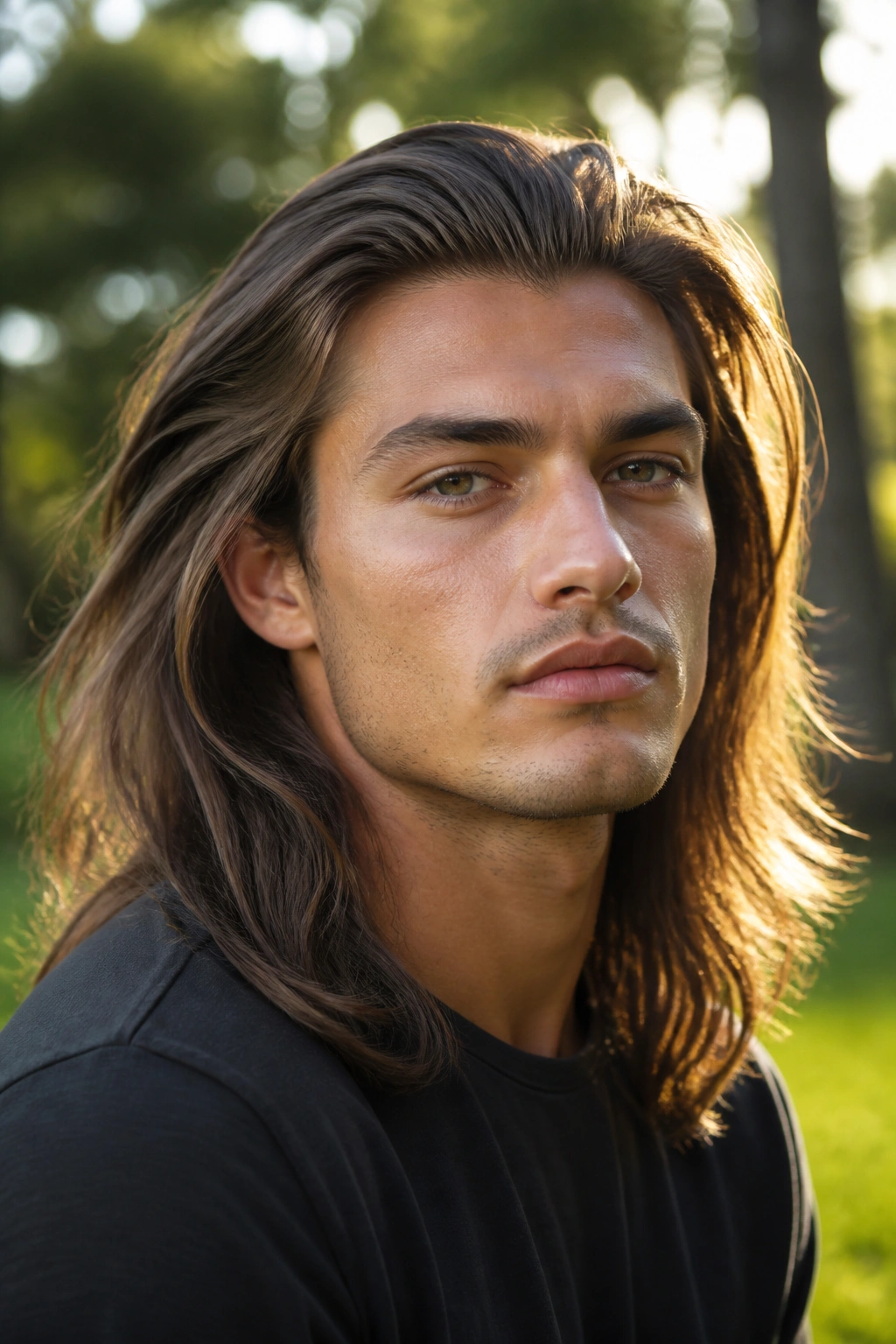Close-up of man with bro flow hairstyle outdoors