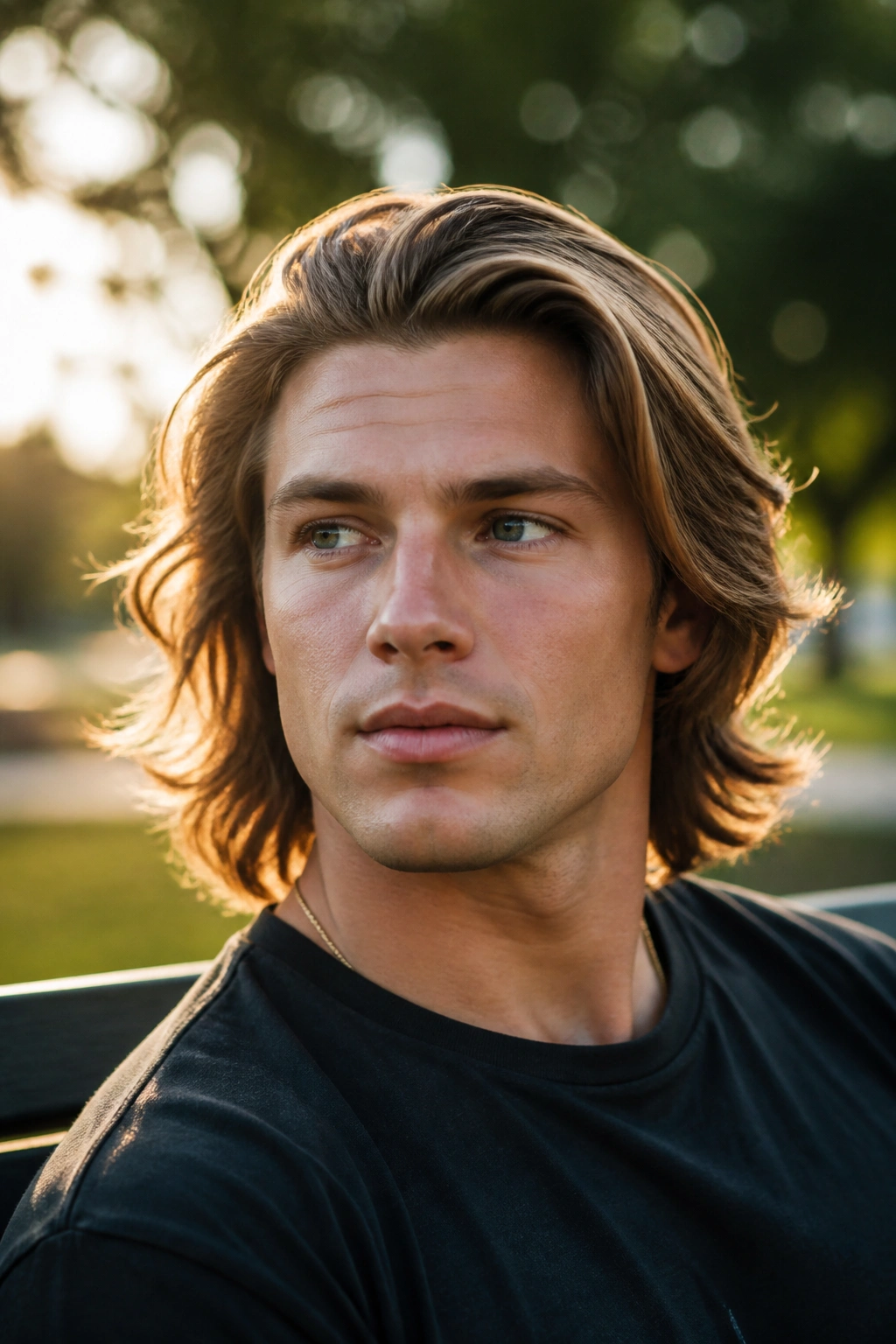 Man with the bro flow hairstyle at a park bench in soft sunlight