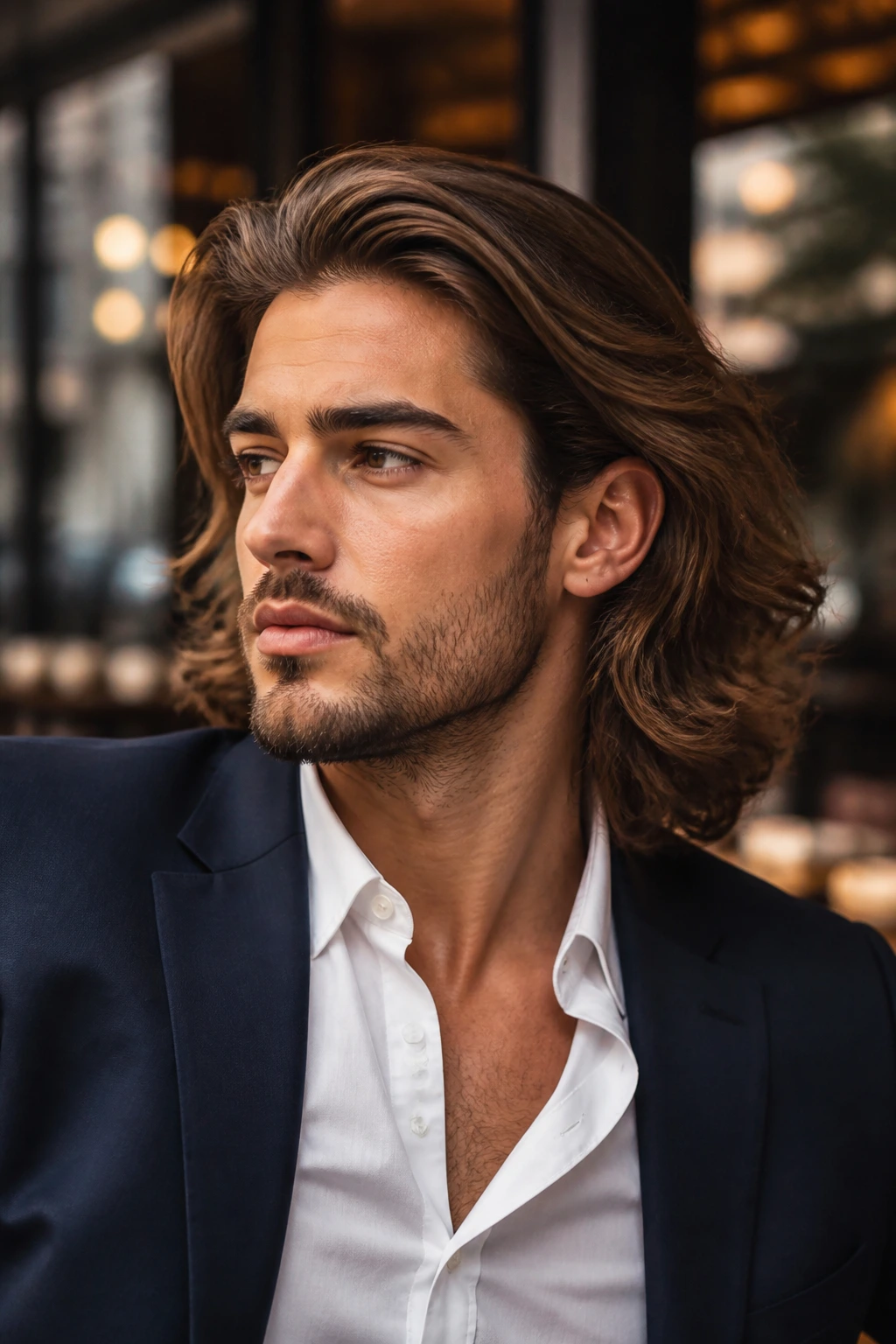 Man with long flowing bro flow hairstyle in urban cafe light