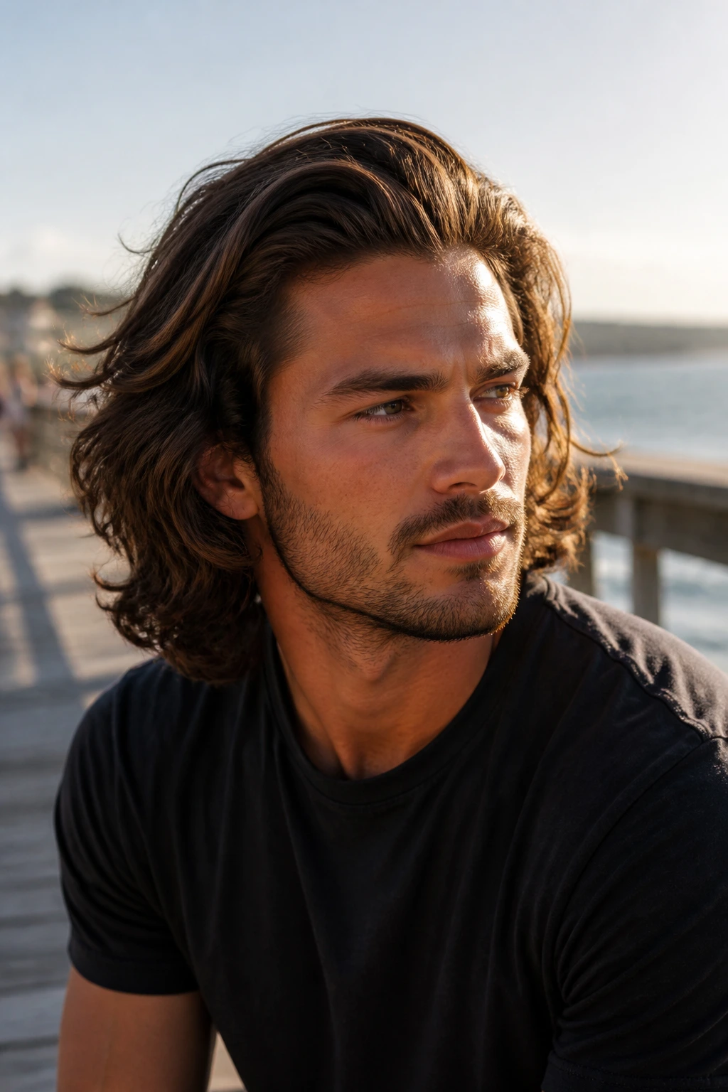 Real man with thick hair flowing back in a natural length bro flow