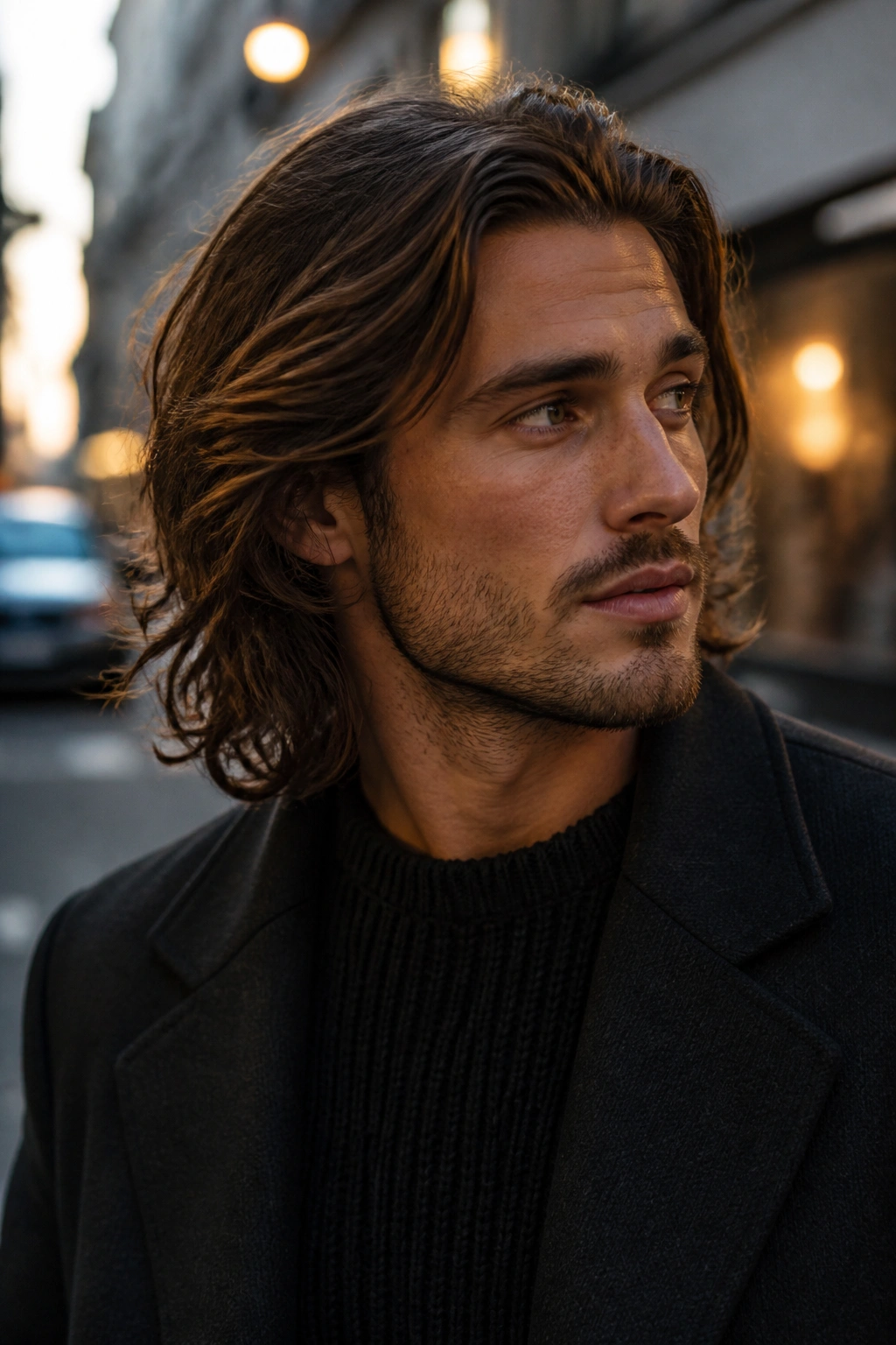 Medium close-up of a man with waves flowing past the collar