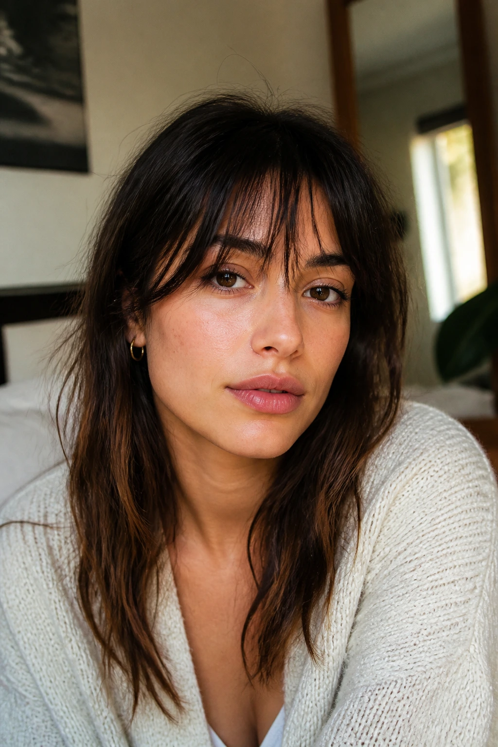 Close-up portrait of a woman with broken-up fringe featuring irregular lengths