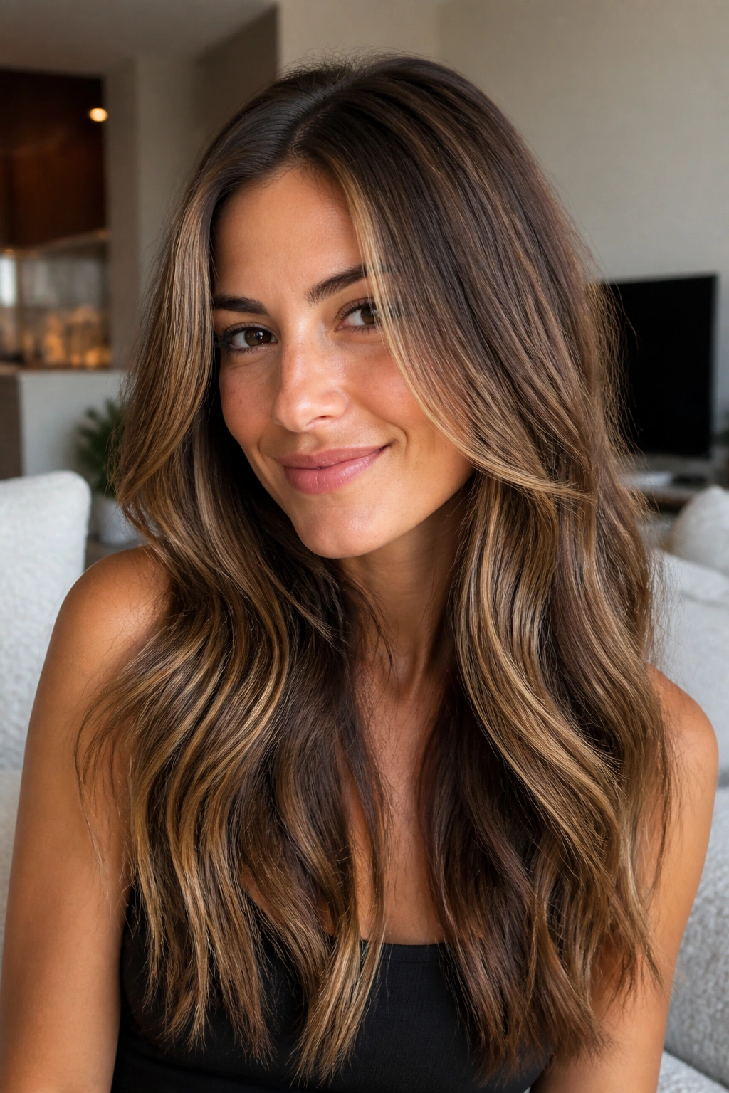 Close-up of a real woman with bronde babylights and soft root smudge on brunette hair.