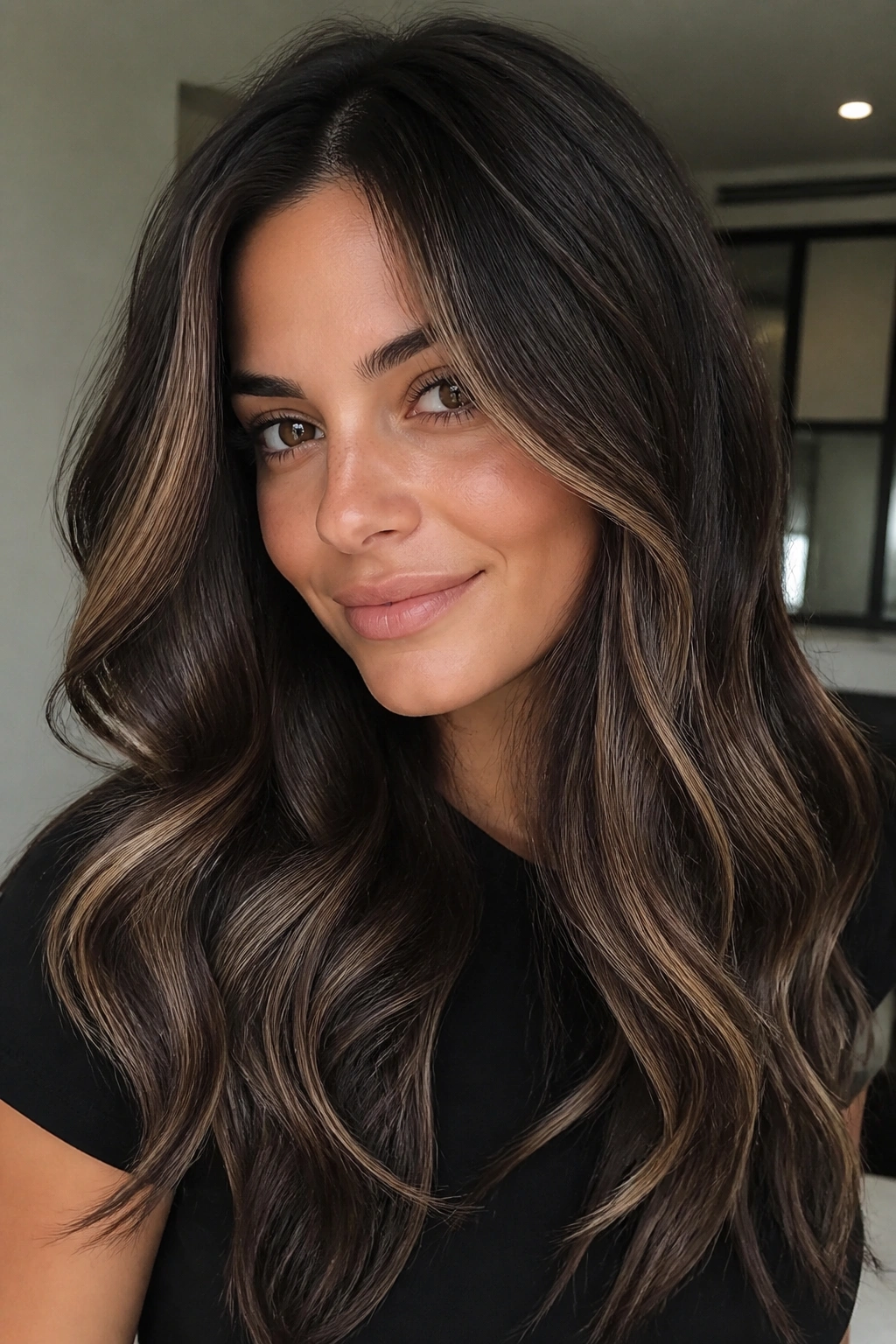 Close-up of dark brunette with muted bronde balayage in soft indoor light