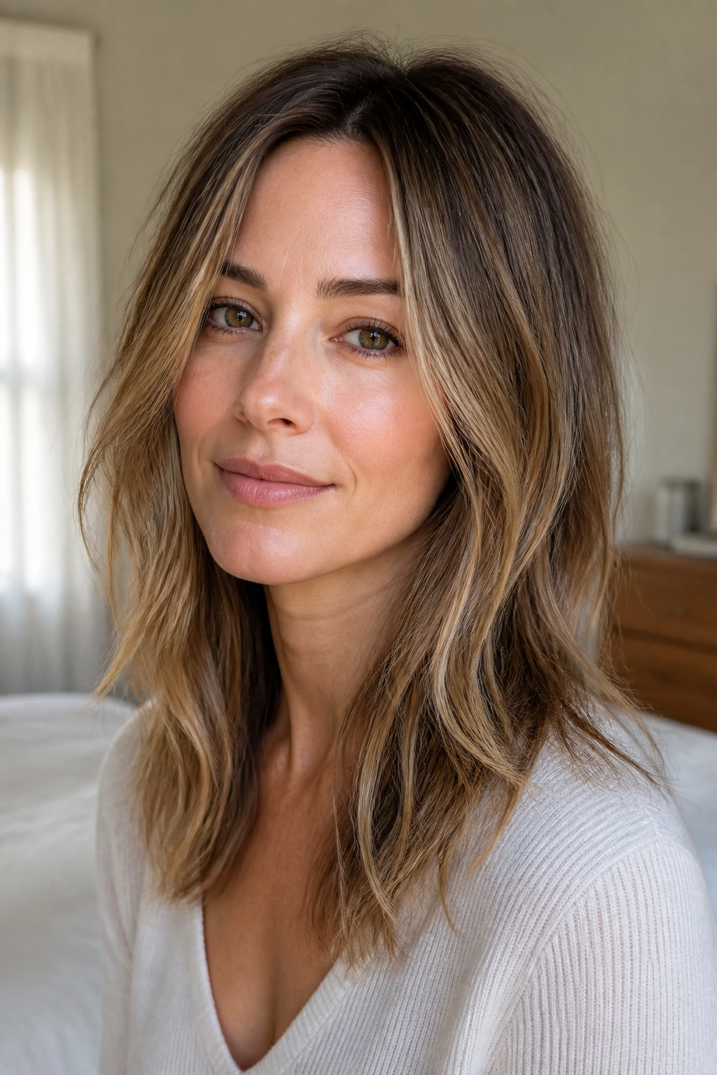 Close-up of fine hair with bronde balayage for density.