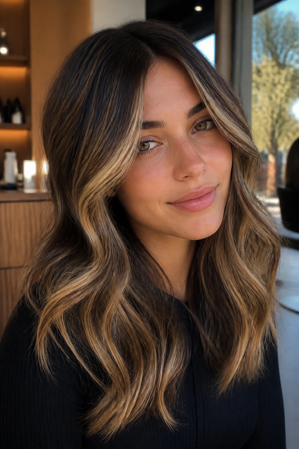 Close-up of a real woman with bronde balayage: dark root and lighter ribbons framing the face in a sunlit salon