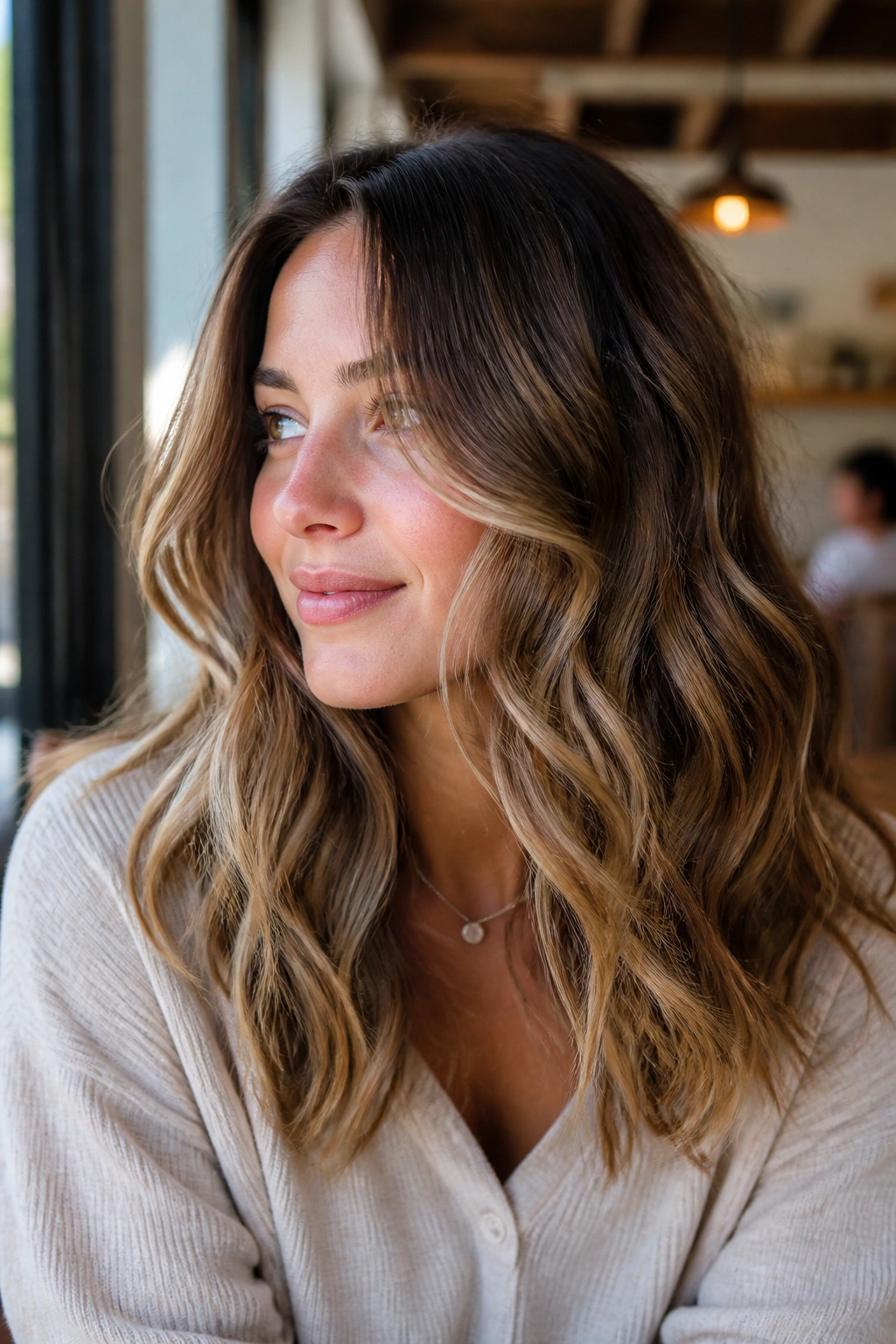 Close-up of bronde balayage on wavy hair with grounded roots.