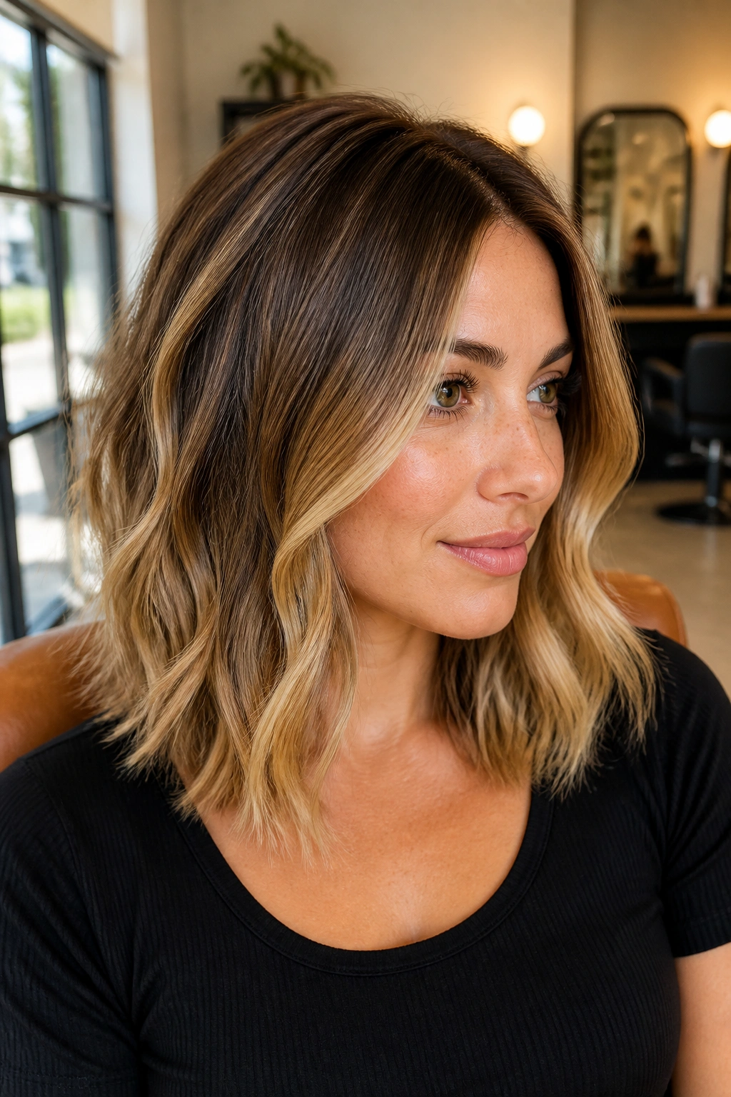 Close-up of a real woman with bronde blend on shoulder-length hair in natural window light
