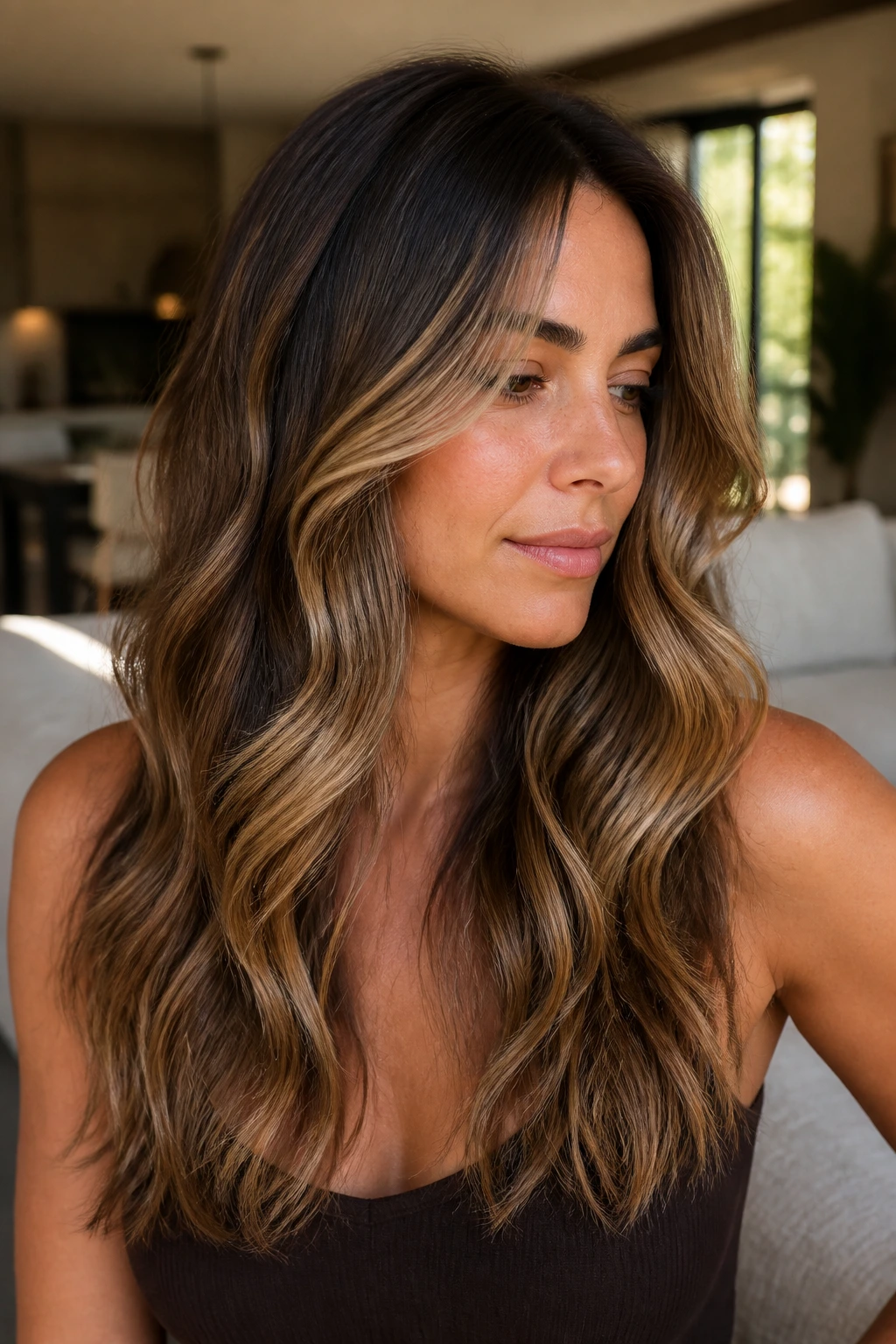 Bronde blocks with soft root melt on brown hair.