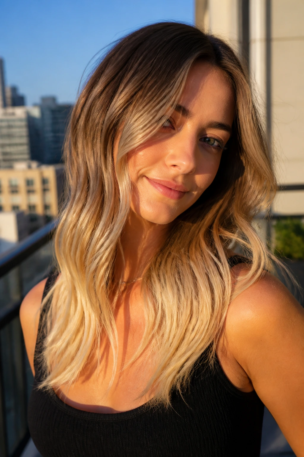 Close-up of a real person's bronde-to-blonde melt from dark roots to light ends