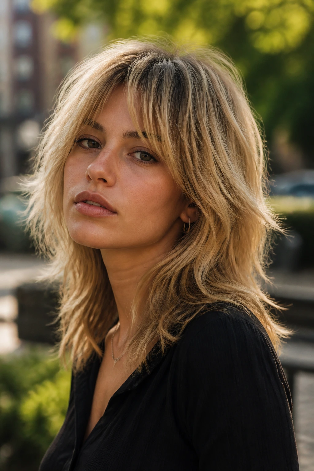 Head-and-shoulders portrait of a real person with bronde-to-blonde wolf cut and dimensional color