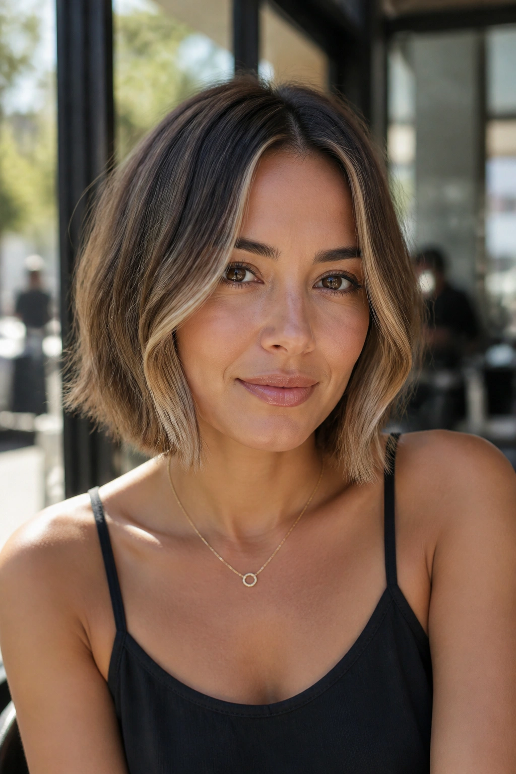 Bronde bob with face-framing pieces and caramel highlights