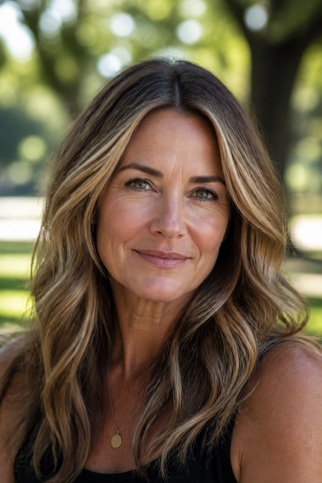Close-up of a woman with bronde hair and a brown base in soft outdoors lighting